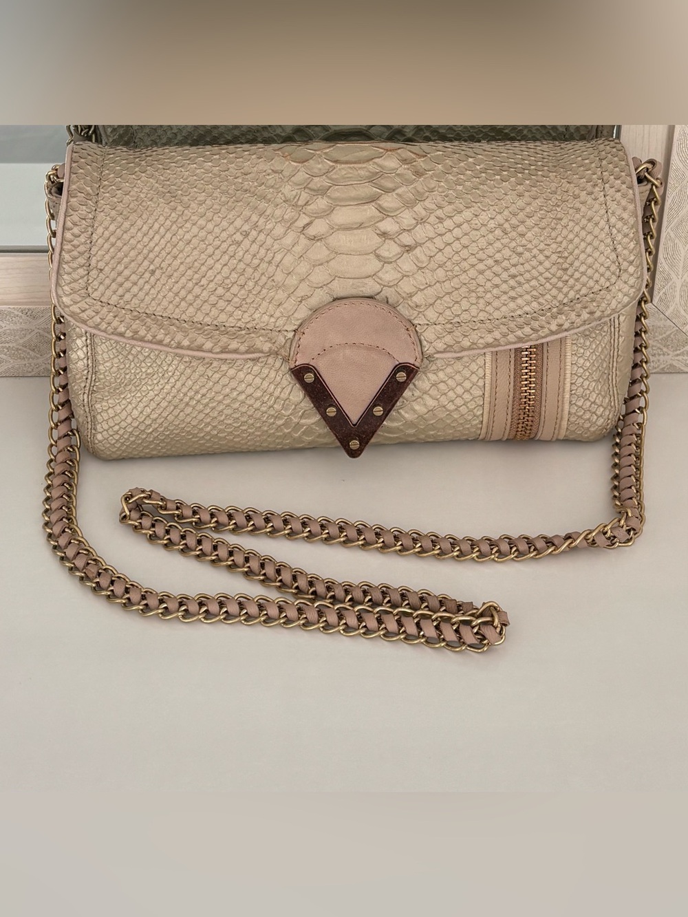 Pour La Victoire Metallic Cream Python Leather Crossbody Bag